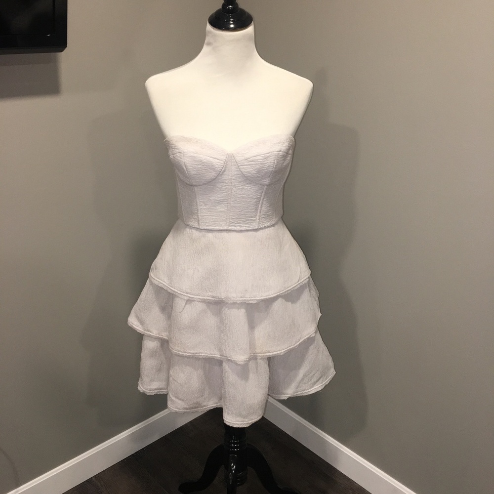 BCBG strapless, tiered-ruffle dress